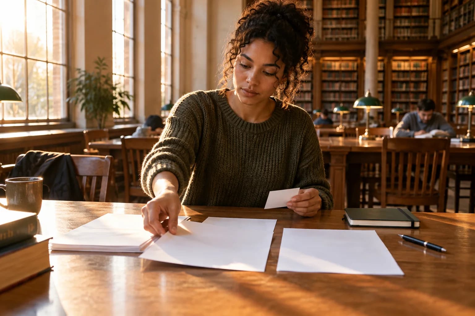 Jonge schrijver ordent blanco verhaalbladen aan een lichte bibliotheektafel