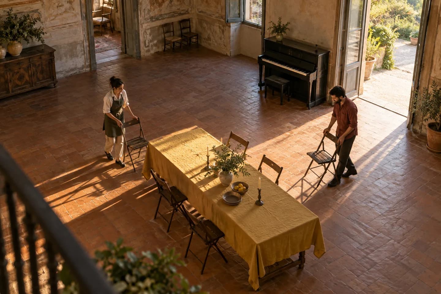 Two adults arranging chairs around a saffron-covered table beside a piano in an old hall