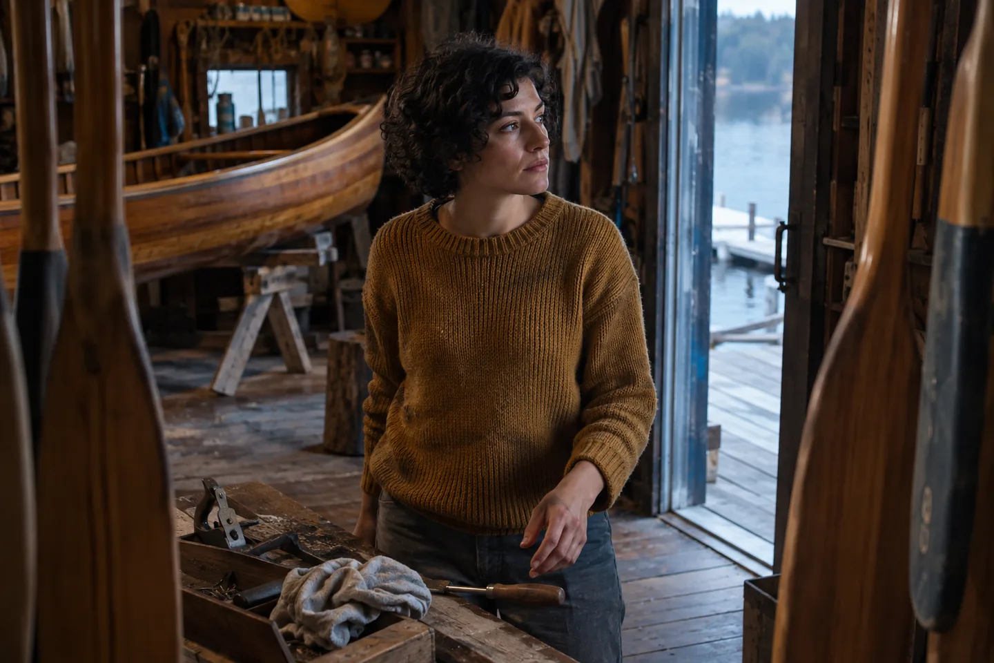 Adult boatbuilder looks toward an open workshop door between hanging paddles