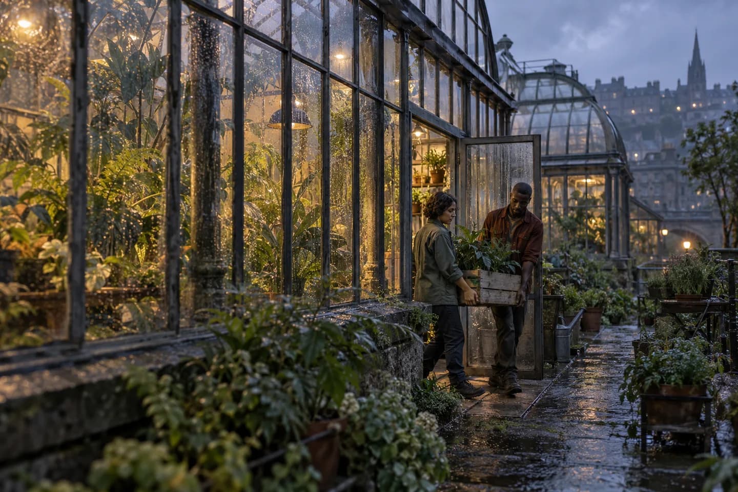Dois jardineiros adultos levam uma caixa de plantas pela porta de uma estufa até o piso molhado