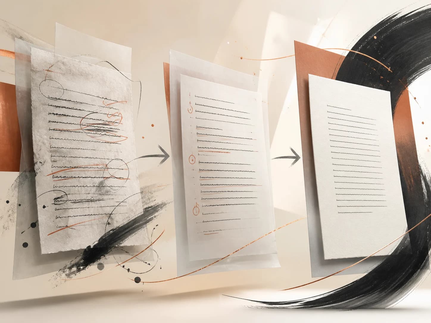 A manuscript moving through marked-up, revised, and clean draft stages