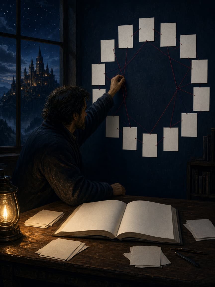 A writer connecting blank chapter cards into a long-form book plan