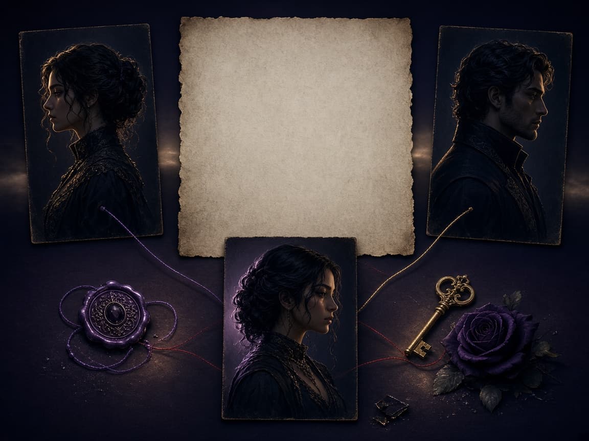 Character portraits connected by relationship threads and story objects