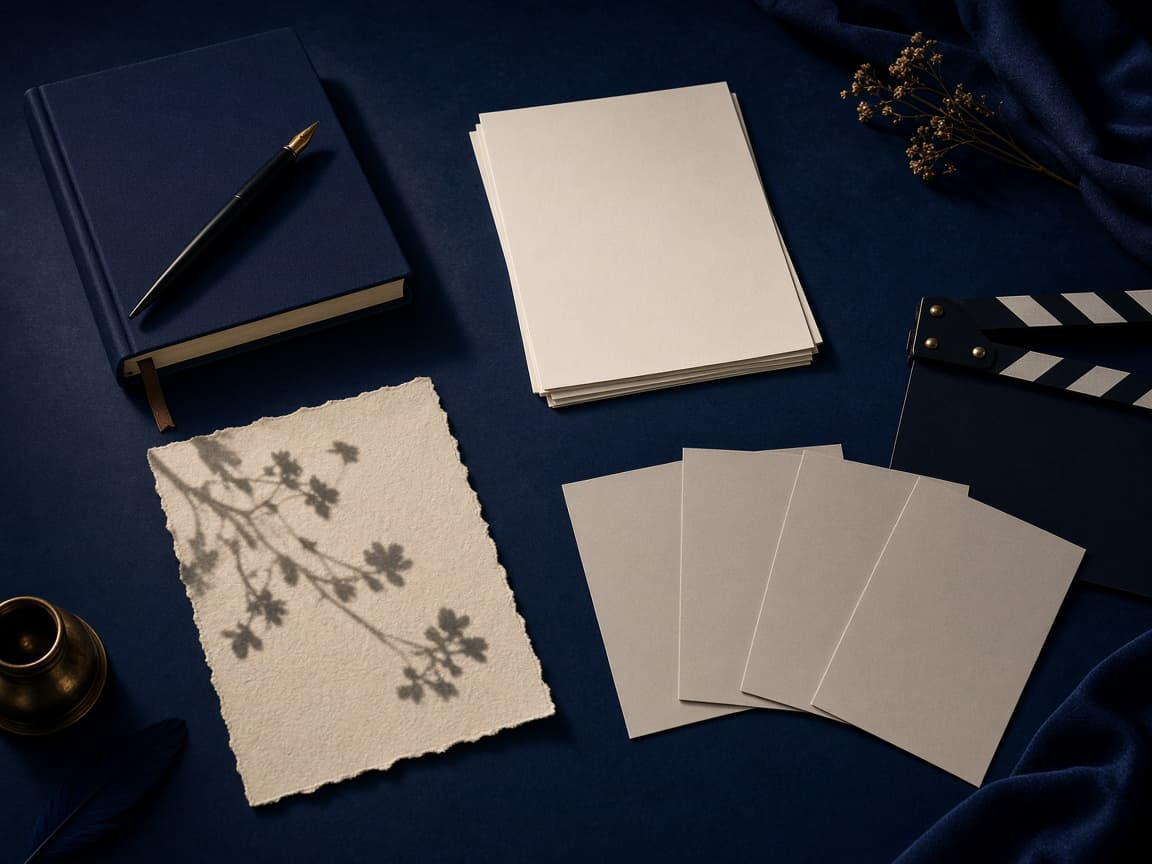 Four distinct writing formats arranged on a midnight-blue desk