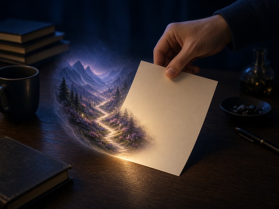 A blank first page becoming a luminous story world