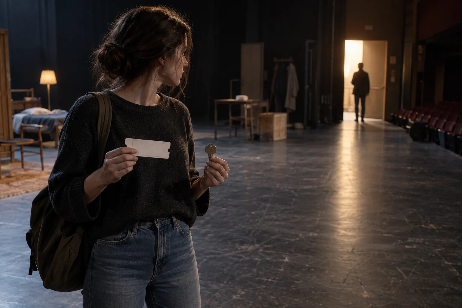 Young adult on an empty stage weighing a key against a distant figure