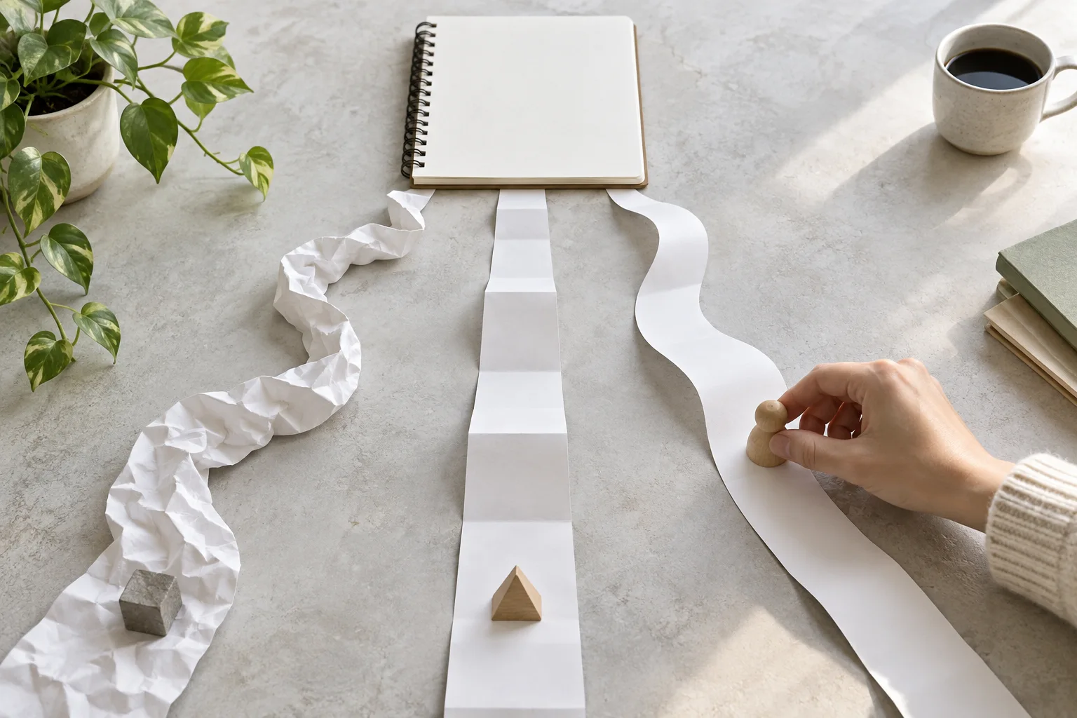 Folded blank paper pathways converging around a wooden story marker