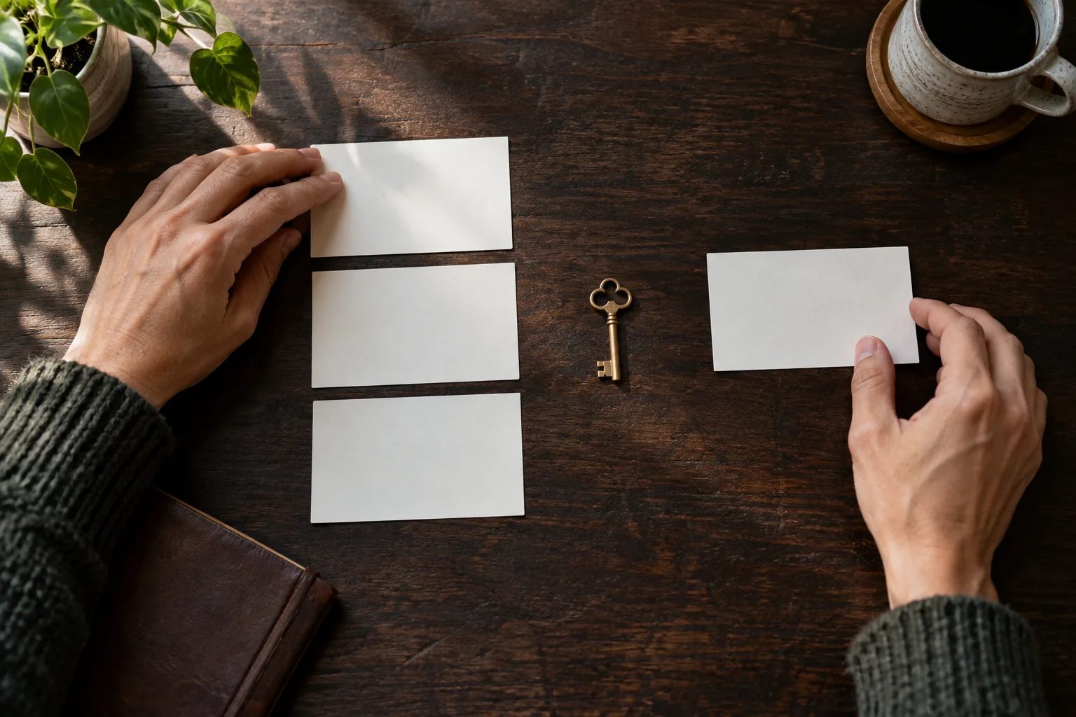 Blank premise cards and a brass key arranged as distinct story choices