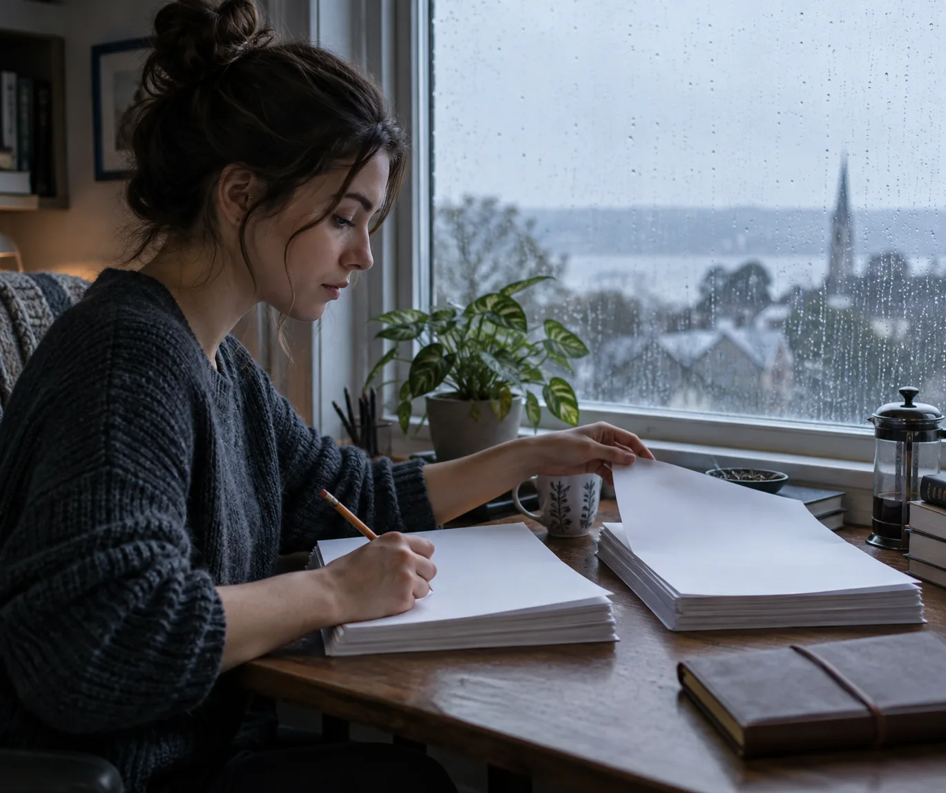 Young writer reviewing blank pages beside a rainy window