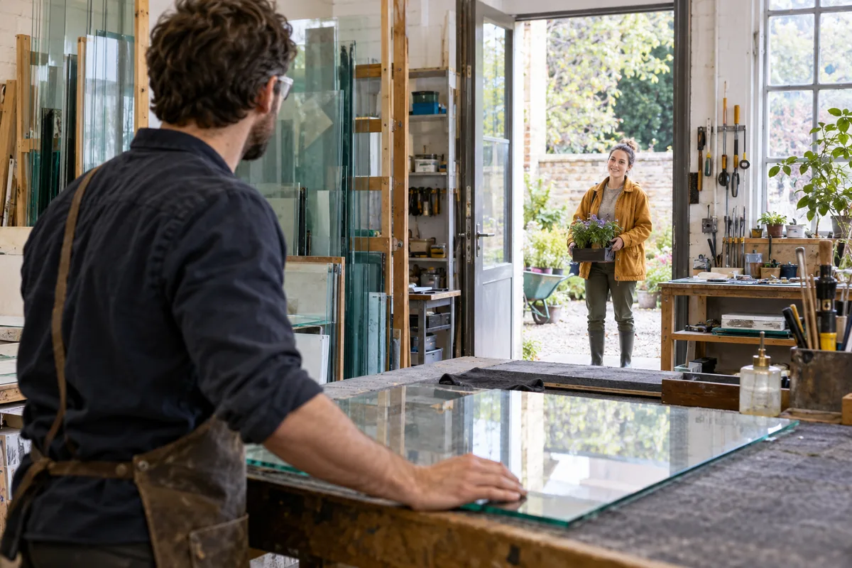 Voksen glassmester ved en arbeidsbenk ser mot en gartner i verksteddøren