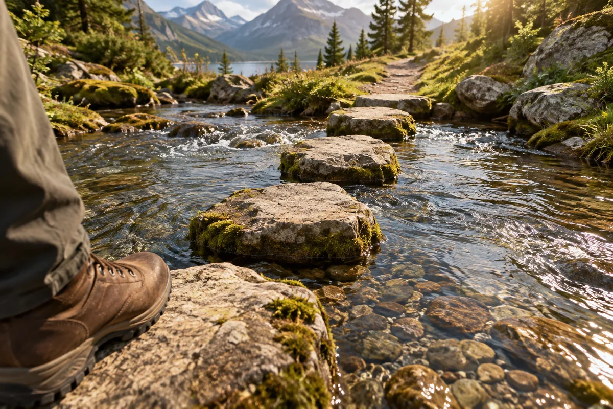 Pierres de passage dans un ruisseau peu profond près d’une chaussure de randonnée adulte
