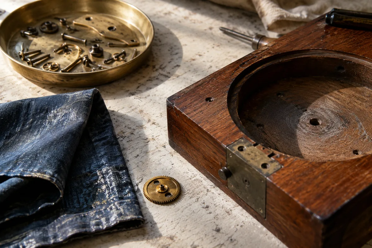 Lege ronde uitsparing in een houten kast naast blauwe doek en messing onderdelen