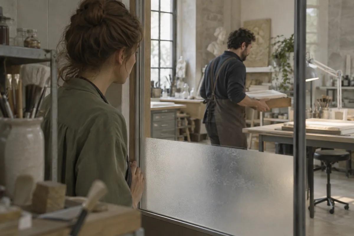 Volwassen restaurator ziet door een glazen scheidingswand een collega met een afgedekte bak
