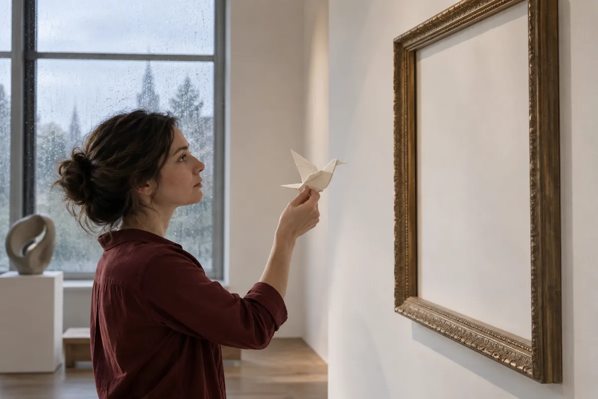 Projetista adulta segura um pássaro de papel ao lado de uma moldura vazia na galeria