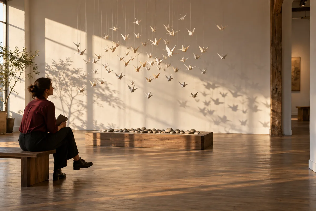 Projetista adulta observa pássaros suspensos e suas sombras sentada em um banco da galeria