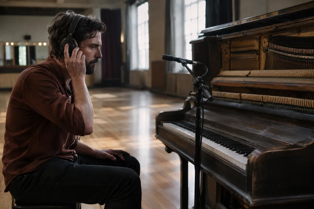 Adult sound artist listening beside an upright piano with exposed mechanism and a microphone