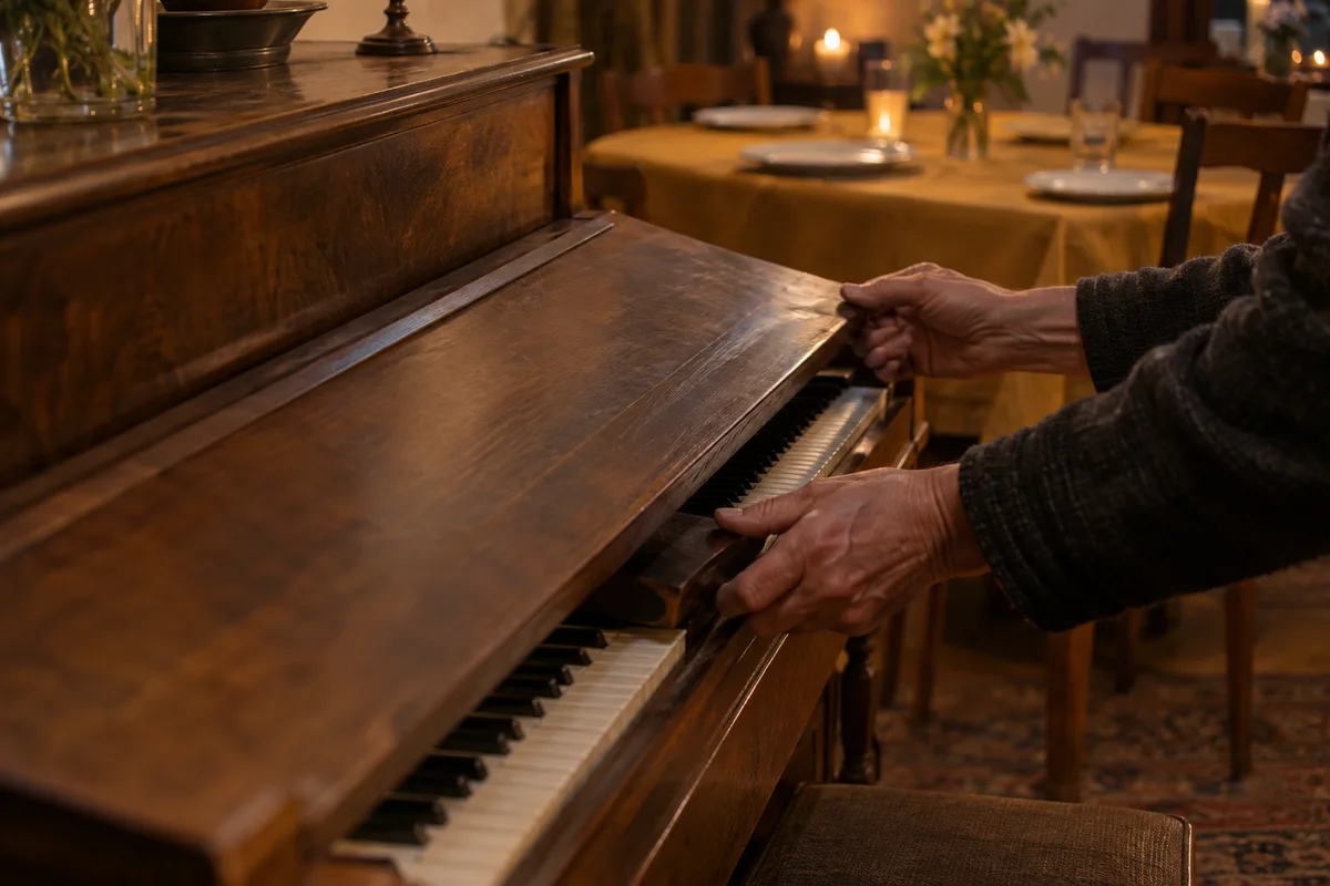 Adult hands closing a wooden piano cover beside a table set with plain plates