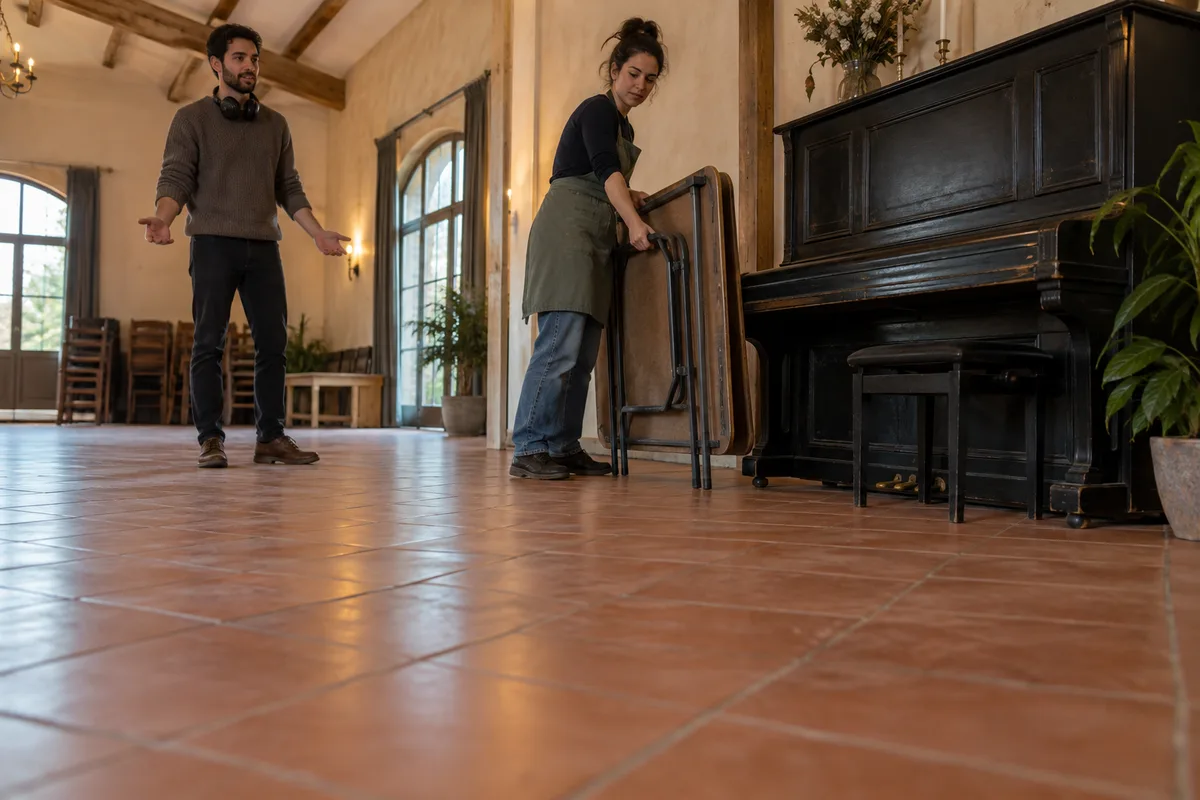 Adult woman moves a folded table beside a piano while another adult watches