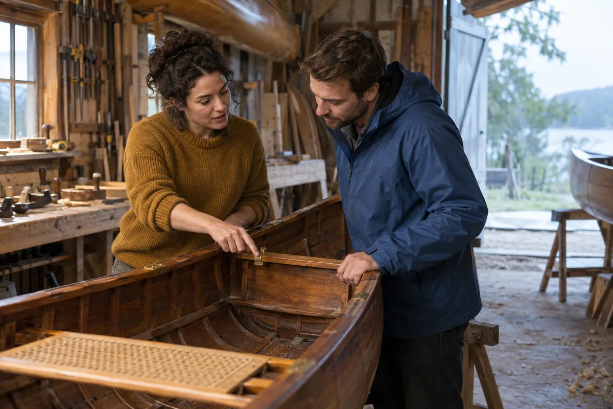 Adult boatbuilder shows her visitor a section of the canoe still needing inspection