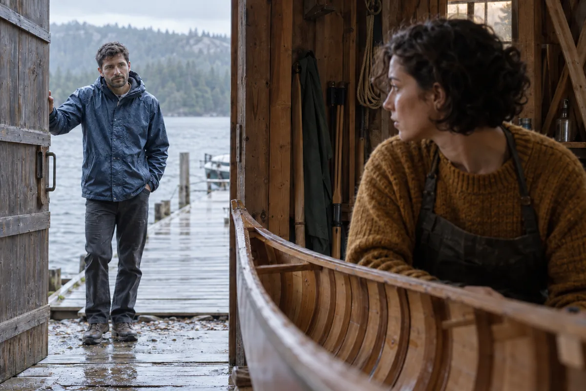 Adult man waits at a boathouse door while the boatbuilder looks toward him