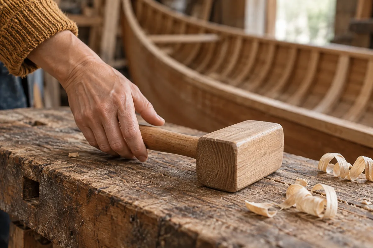 Adult hand sets a wooden mallet beside a canoe on a workbench