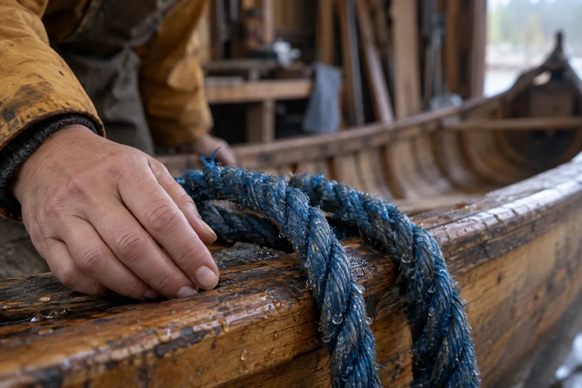 Adult hand rests beside a damp blue line at the edge of a wooden canoe