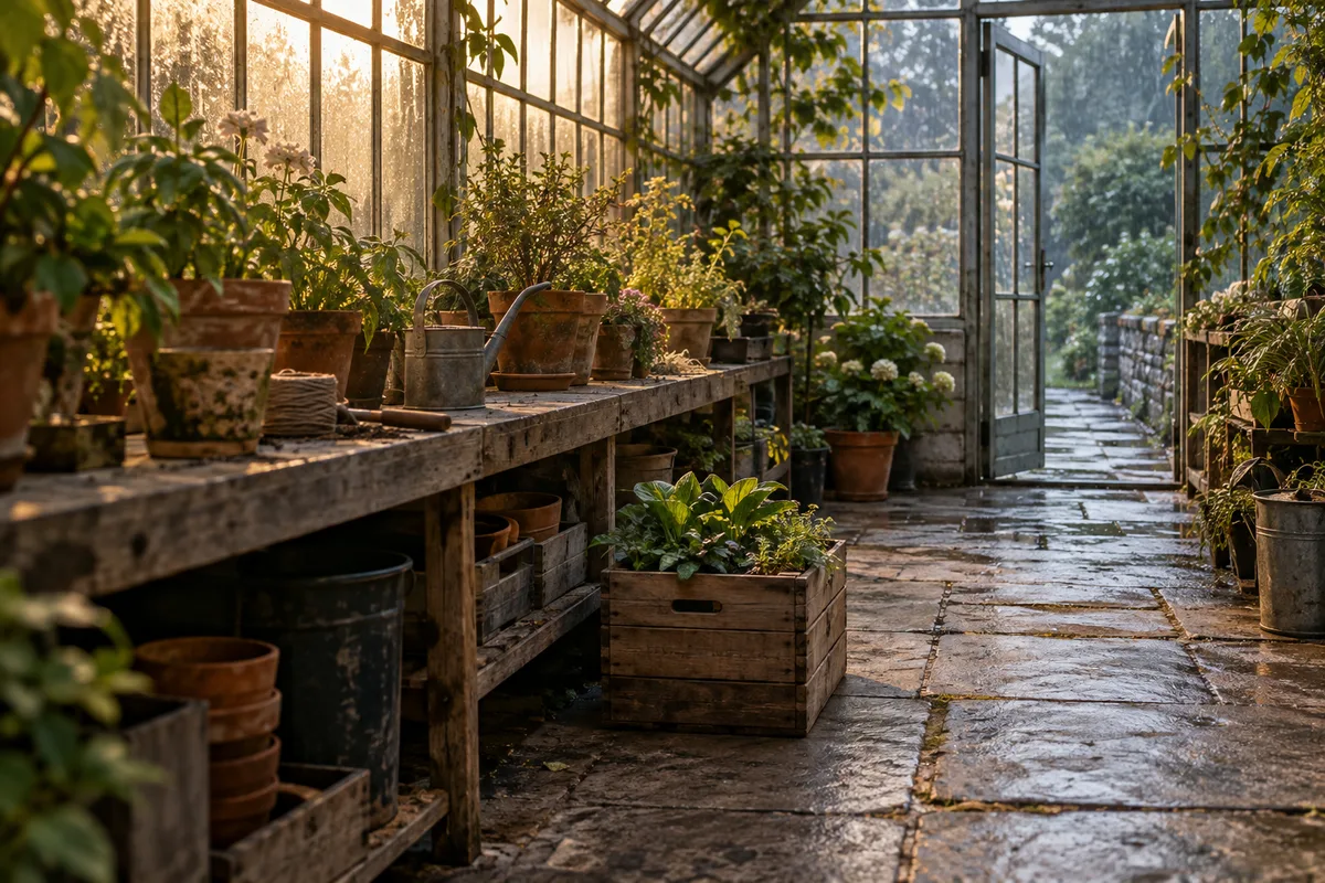 Bancada e caixa de plantas junto ao caminho para uma porta estreita da estufa