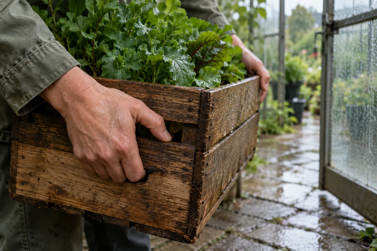 Mãos adultas ajustam a pegada em uma caixa de madeira úmida com plantas