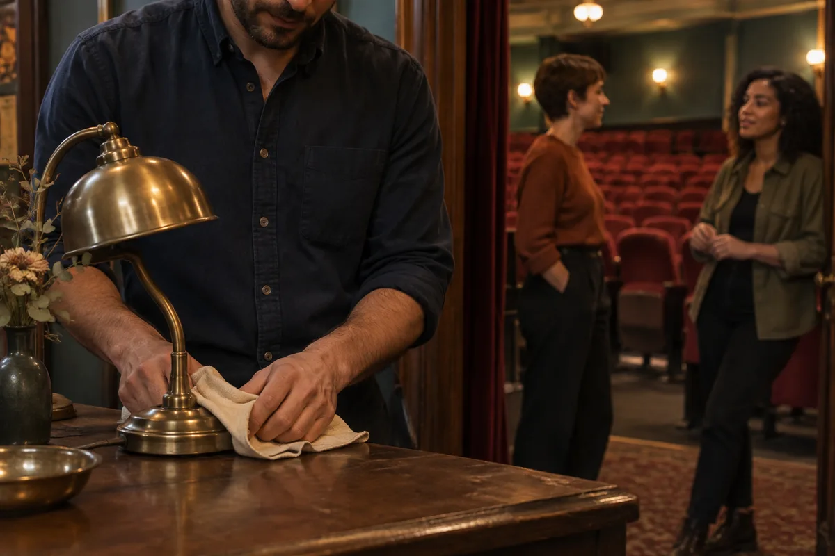 Adult man folds cloth around the base of a brass lamp beside a cinema doorway